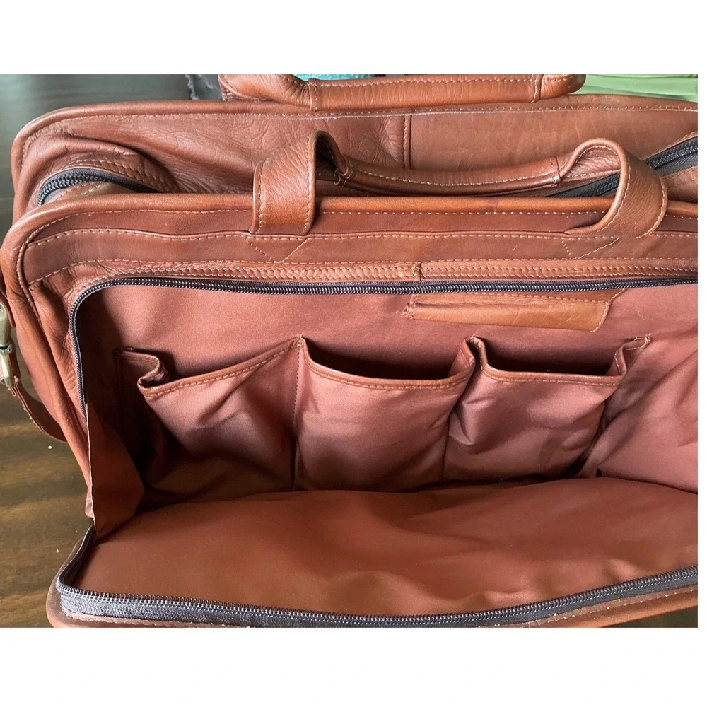 USL Vintage Leather Briefcase Messenger Bag Cognac Brown Multi Pocket Laptop Bag